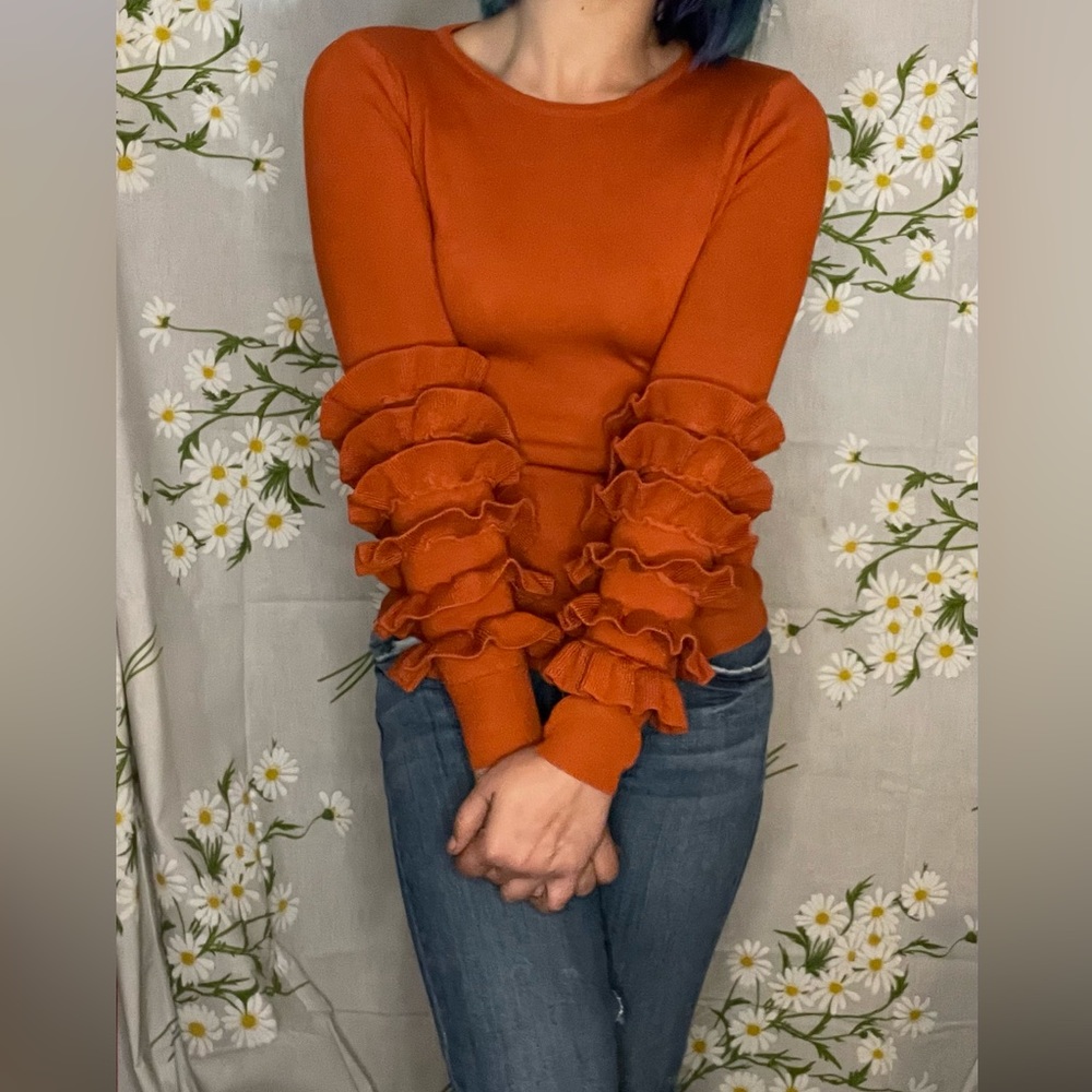 SETTLEDOWN rust orange statement ruffle sleeve knit fitted sweater top blouse
